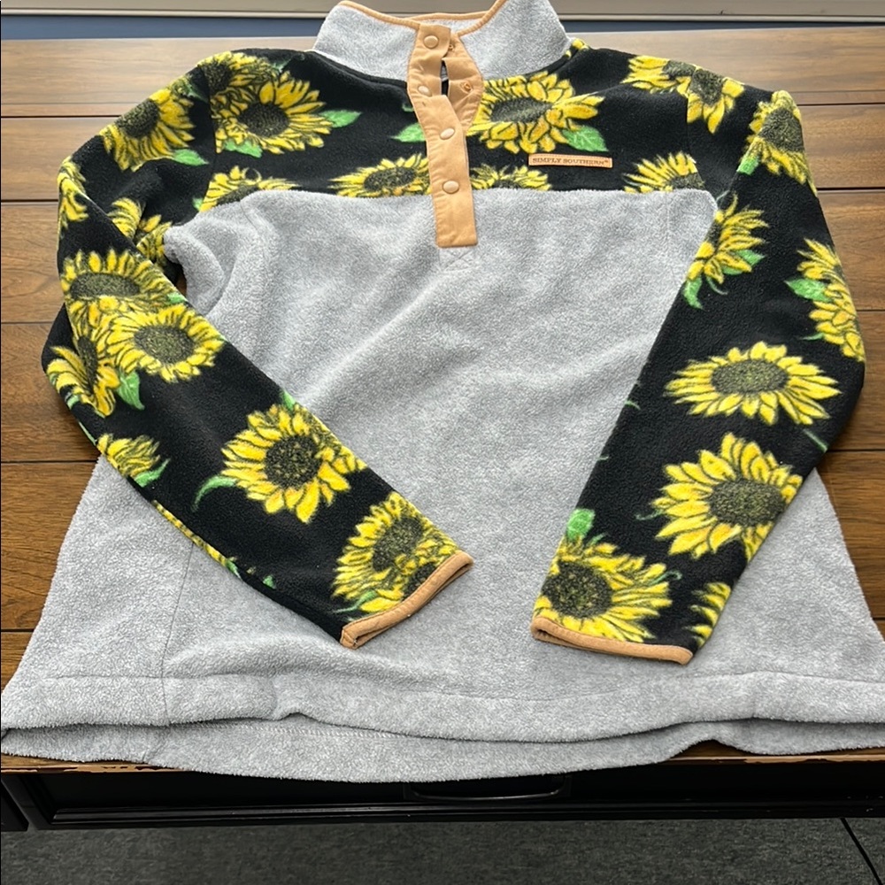 Simply Southern Grey Fleece Pullover with Black and Yellow Sunflower Sleeves